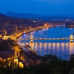 a view of Budapest, Hungary with the Chain Bridge in the forefro